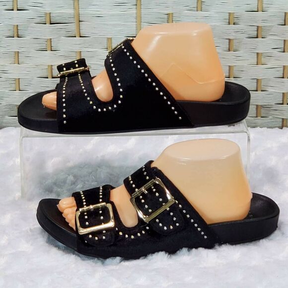 a new day Shoes - A New Day Womens 5 Footbed Sandals Black Velvet Gold Studs Double Strap Slip On